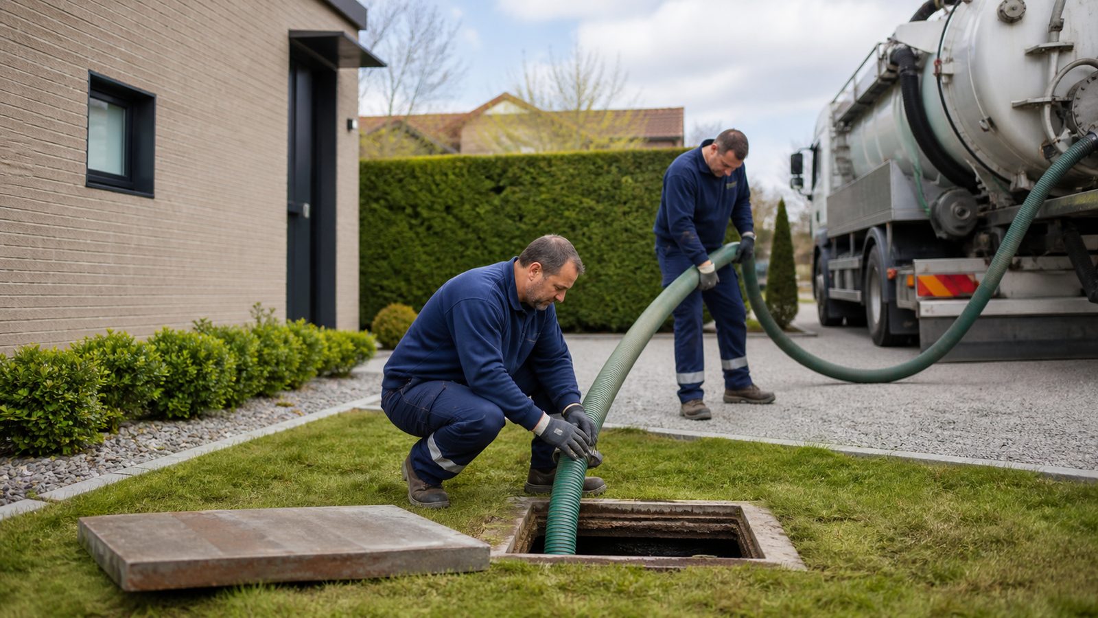 Techniciens préparant une vidange de fosse septique avec camion pompe